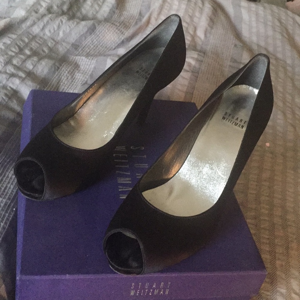 Stuart Weitzman Satin Black Open Toe Pump - image 2